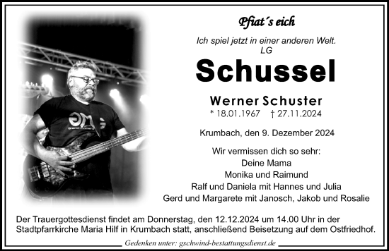 Traueranzeige von Werner Schuster von Mittelschwäbische Nachrichten