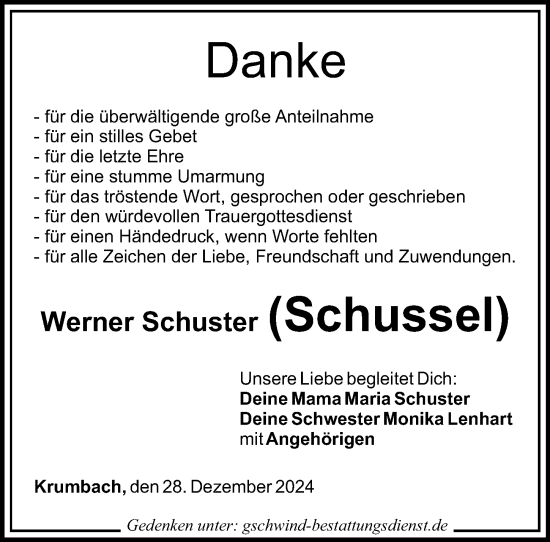 Traueranzeige von Werner Schuster von Mittelschwäbische Nachrichten