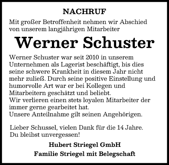 Traueranzeige von Werner Schuster von Mittelschwäbische Nachrichten