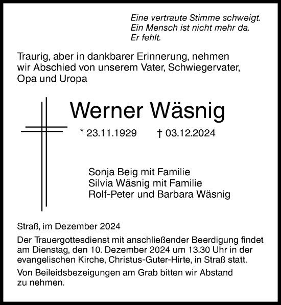 Traueranzeige von Werner Wäsnig von Augsburger Allgemeine, Neu-Ulmer Zeitung