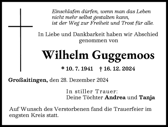 Traueranzeige von Wilhelm Guggemoos von Schwabmünchner Allgemeine