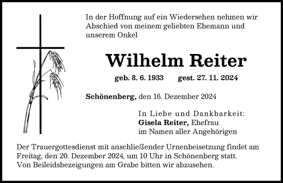 Traueranzeige von Wilhelm Reiter von Günzburger Zeitung