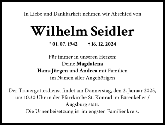 Traueranzeige von Wilhelm Seidler von Augsburger Allgemeine