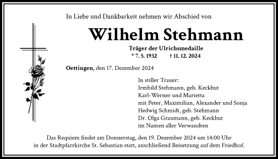 Traueranzeige von Wilhelm Stehmann von Rieser Nachrichten