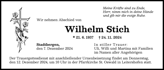 Traueranzeige von Wilhelm Stich von Augsburger Allgemeine