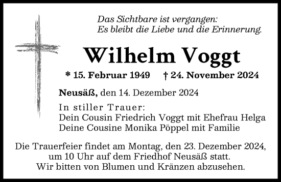 Traueranzeige von Wilhelm Voggt von Augsburger Allgemeine