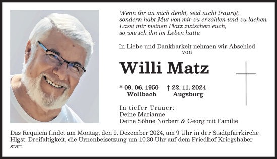 Traueranzeige von Willi Matz von Augsburger Allgemeine