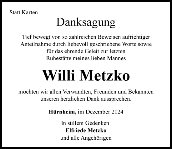 Traueranzeige von Willi Metzko von Rieser Nachrichten