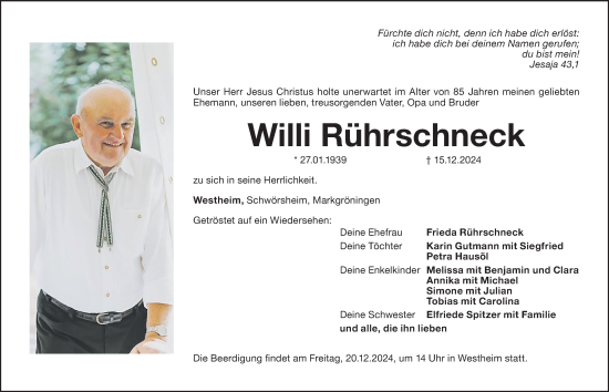Traueranzeige von Willi Rührschneck von Rieser Nachrichten