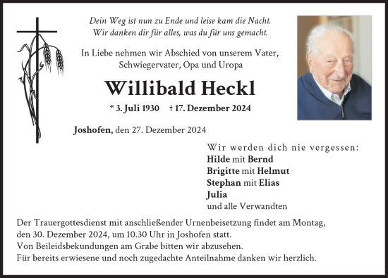 Traueranzeige von Willibald Heckl von Neuburger Rundschau