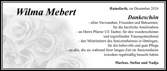 Traueranzeige von Wilma Mebert von Rieser Nachrichten