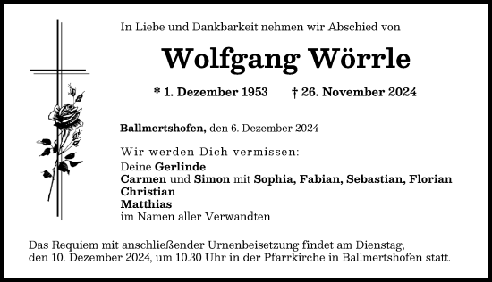 Traueranzeige von Wolfgang Wörrle von Donau Zeitung