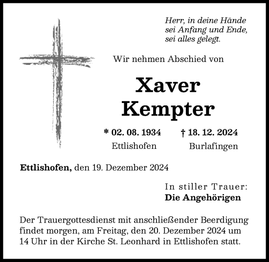 Traueranzeige von Xaver Kempter von Günzburger Zeitung