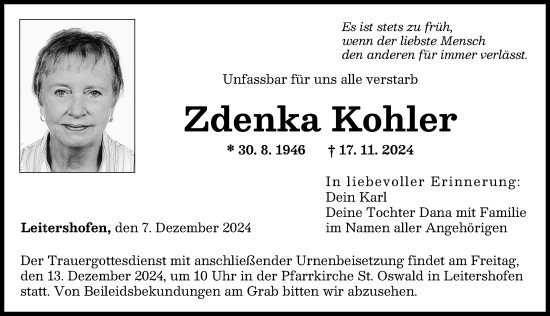 Traueranzeige von Zdenka Kohler von Augsburger Allgemeine