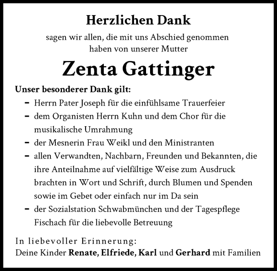 Traueranzeige von Zenta Gattinger von Schwabmünchner Allgemeine