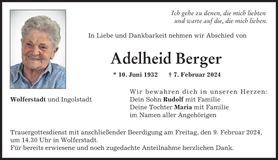 Traueranzeige von Adelheid Berger von Donauwörther Zeitung