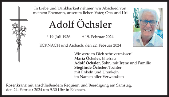 Traueranzeige von Adolf Öchsler von Aichacher Nachrichten