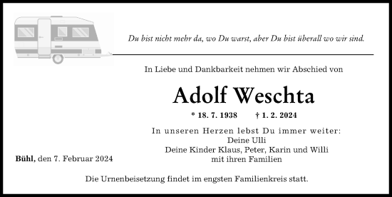 Traueranzeige von Adolf Weschta von Günzburger Zeitung