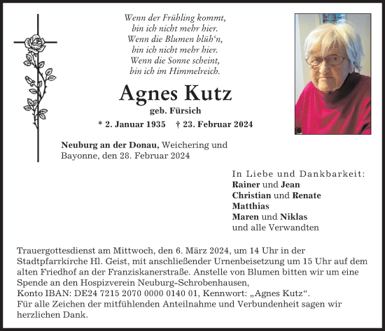 Traueranzeige von Agnes Kutz von Neuburger Rundschau
