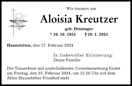 Traueranzeige von Aloisia Kreutzer von Augsburger Allgemeine