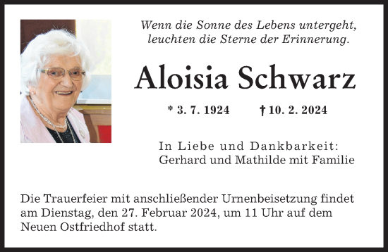 Traueranzeige von Aloisia Schwarz von Augsburger Allgemeine