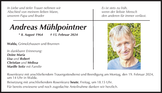 Traueranzeige von Andreas Mühlpointner von Neuburger Rundschau