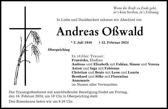 Traueranzeige von Andreas Oßwald von Donauwörther Zeitung