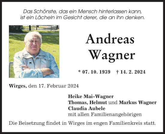 Traueranzeige von Andreas Wagner von Augsburg-Land