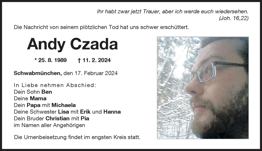  Traueranzeige für Andy Czada vom 17.02.2024 aus Schwabmünchner Allgemeine