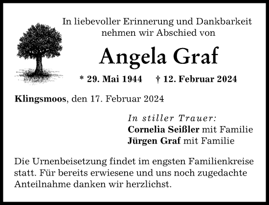 Traueranzeige von Angela Graf von Neuburger Rundschau