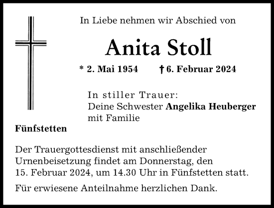 Traueranzeige von Anita Stoll von Donauwörther Zeitung