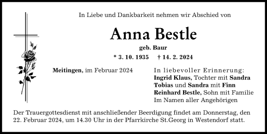 Traueranzeige von Anna Bestle von Augsburg-Land