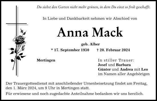 Traueranzeige von Anna Mack von Donauwörther Zeitung