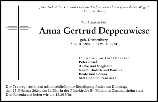 Traueranzeige von Anna Gertrud Deppenwiese von Wertinger Zeitung
