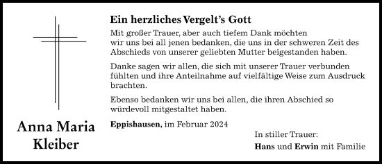 Traueranzeige von Anna Maria Kleiber von Mindelheimer Zeitung