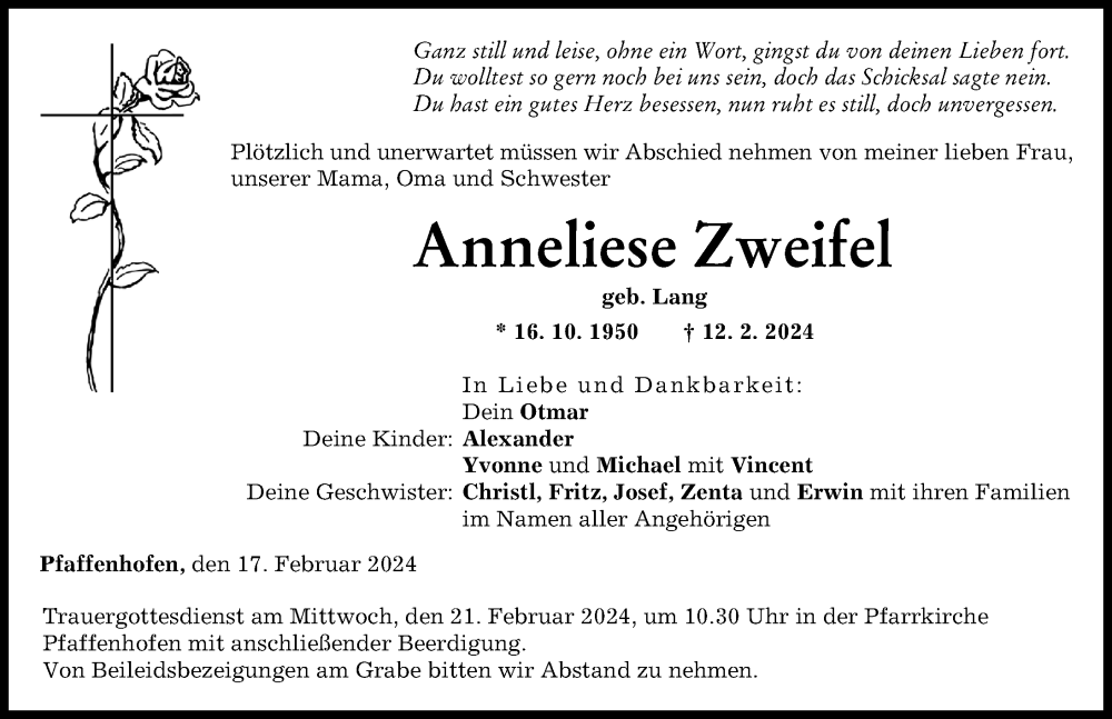  Traueranzeige für Anneliese Zweifel vom 17.02.2024 aus Neu-Ulmer Zeitung