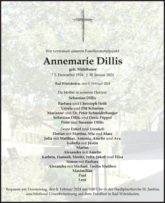 Traueranzeige von Annemarie Dillis von Mindelheimer Zeitung