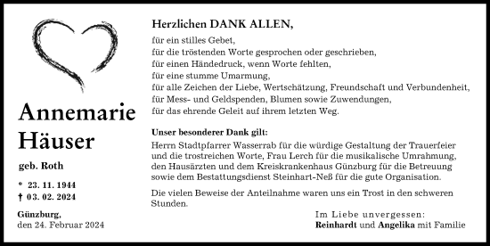 Traueranzeige von Annemarie Häuser von Günzburger Zeitung