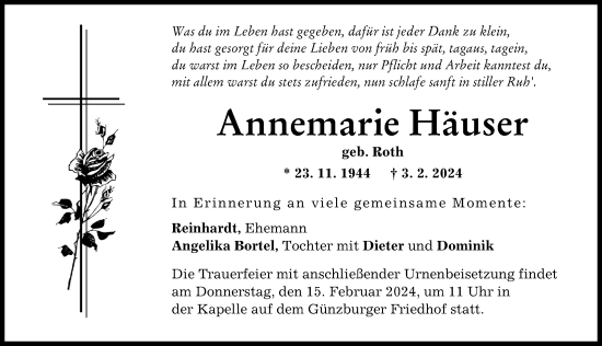 Traueranzeige von Annemarie Häuser von Günzburger Zeitung