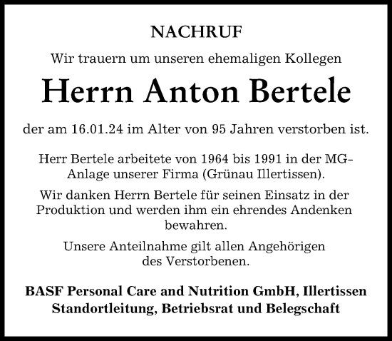 Traueranzeige von Anton Bertele von Illertisser Zeitung
