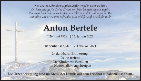 Traueranzeige von Anton Bertele von Illertisser Zeitung