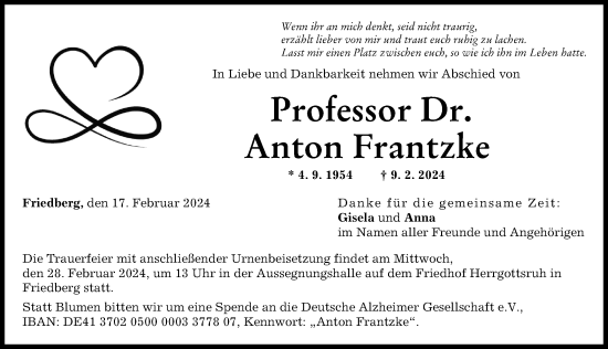 Traueranzeige von Anton Frantzke von Augsburger Allgemeine