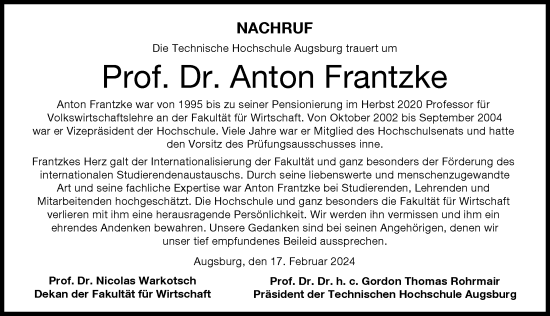 Traueranzeige von Anton Frantzke von Augsburger Allgemeine
