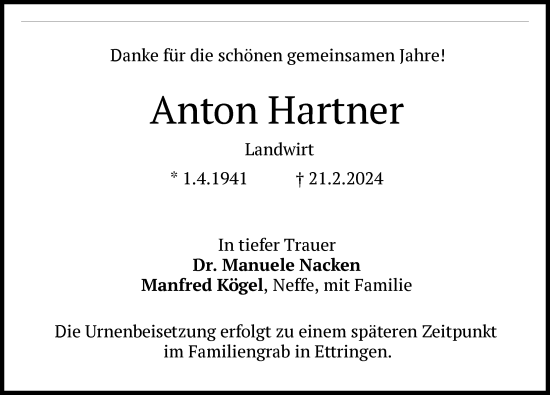 Traueranzeige von Anton Hartner von Mindelheimer Zeitung