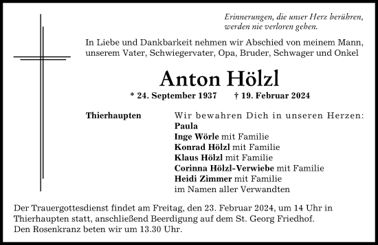 Traueranzeige von Anton Hölzl von Augsburg-Land