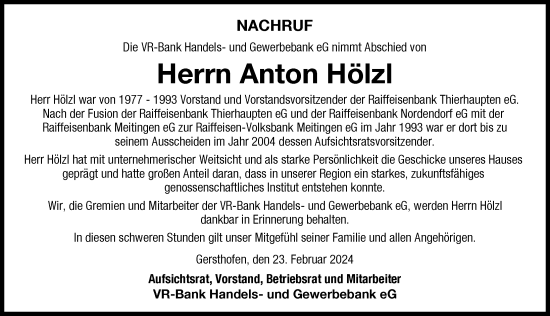Traueranzeige von Anton Hölzl von Wertinger Zeitung, Augsburg-Land