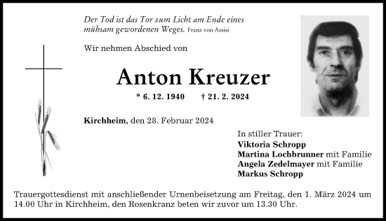 Traueranzeige von Anton Kreuzer von Mindelheimer Zeitung