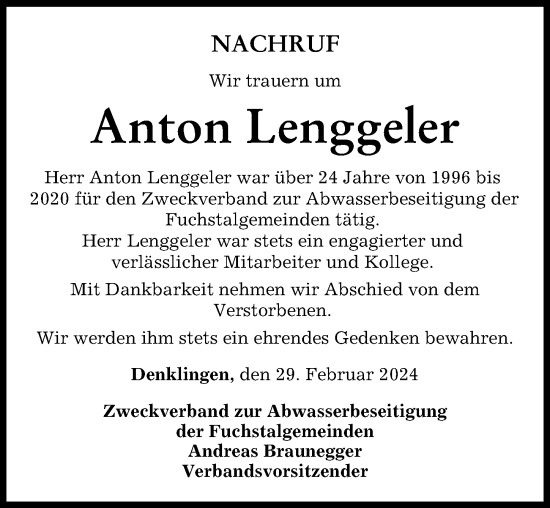 Traueranzeige von Anton Lenggeler von Landsberger Tagblatt