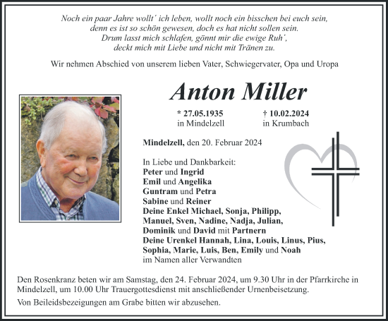 Traueranzeige von Anton Miller von Mittelschwäbische Nachrichten
