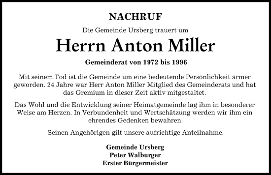 Traueranzeige von Anton Miller von Mittelschwäbische Nachrichten